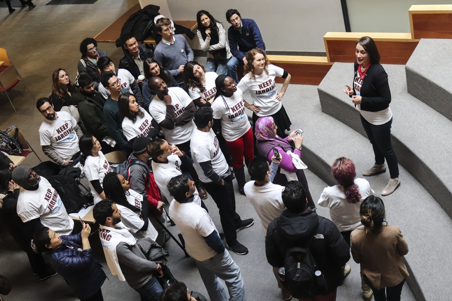Elizabeth G. Gibbons, one of the student organizers of the rally and a student of lecturer Steve Jarding, gives a short speech calling for the University to allow Jarding to continue to teach at the Kennedy School.