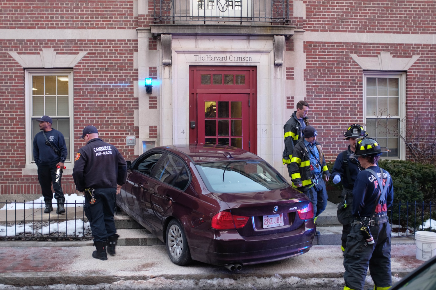 A car crashed into the front door of The Crimson Monday evening, damaging the exterior of the building. The driver sustained minor injuries.