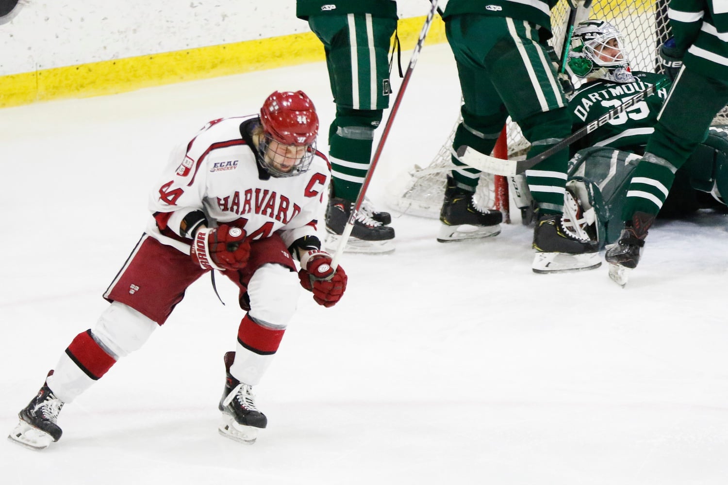 Co-captains Michael Floodstrand (pictured here) and Lewis Zerter-Gossage set examples on and off the ice this weekend in the Crimson's 2-0 series sweep of the Big Green.