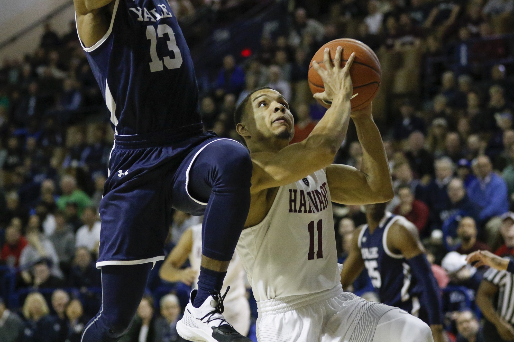 Junior guard Bryce Aiken elevates for two of his 38 points against Yale in the Championship.