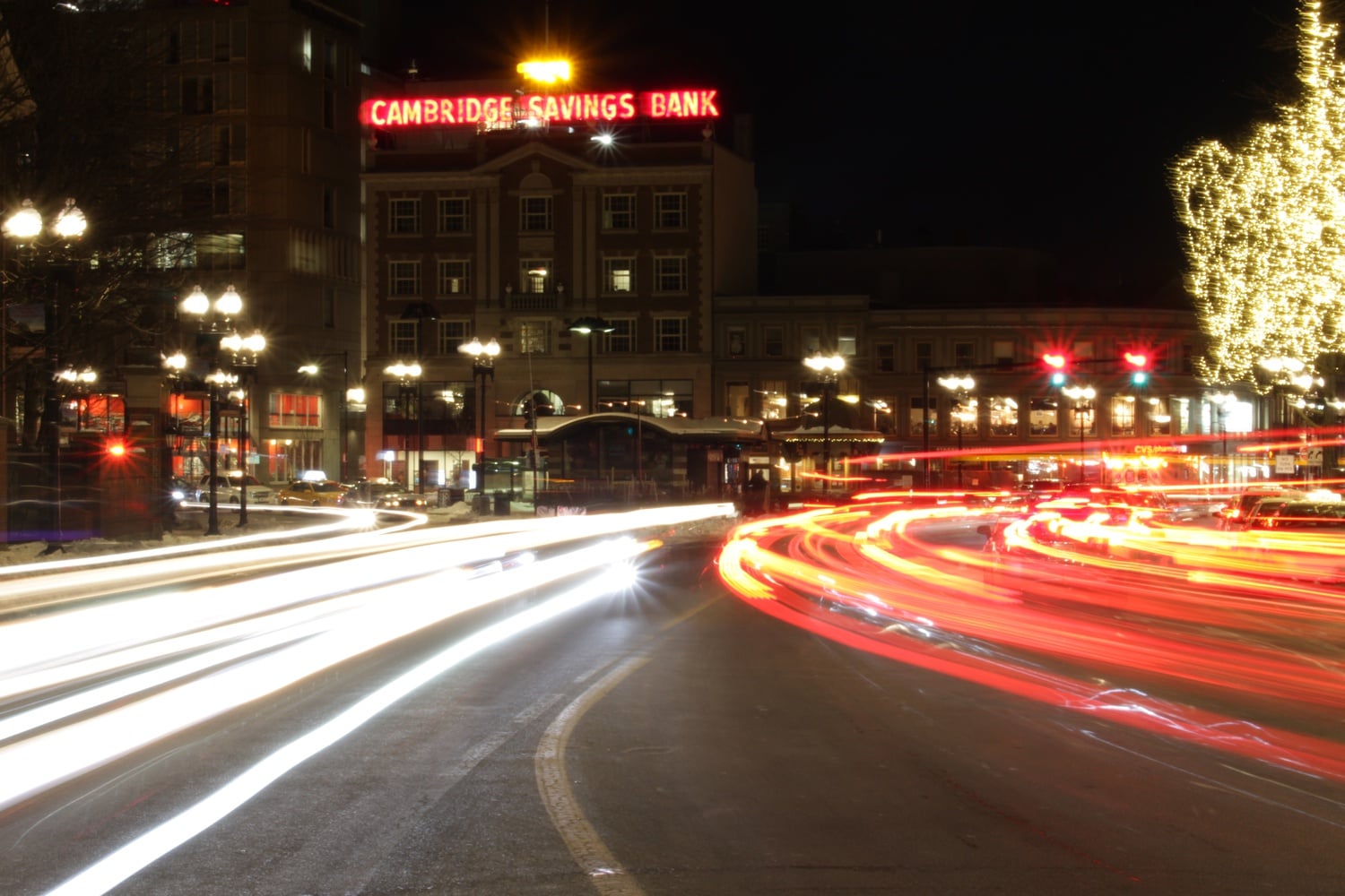 Harvard Square at night.
