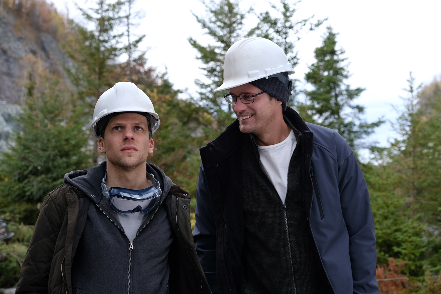 Jesse Eisenberg stars as Vincent (left) and Alexander Skarsgård stars as Anton (right) in “The Hummingbird Project,” directed by Kim Nguyen.