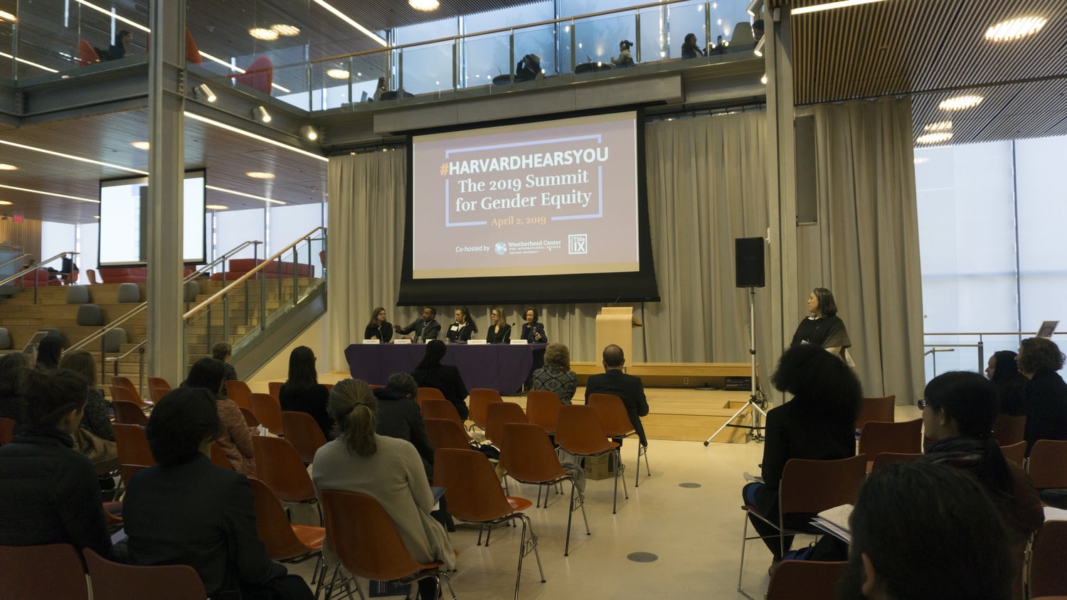 Panelists John Wilson, Kacey Gill, Nicole Merhil, and Kathleen L. McGinn discuss how data and student voices drive change in the Smith Campus Center on Tuesday afternoon.