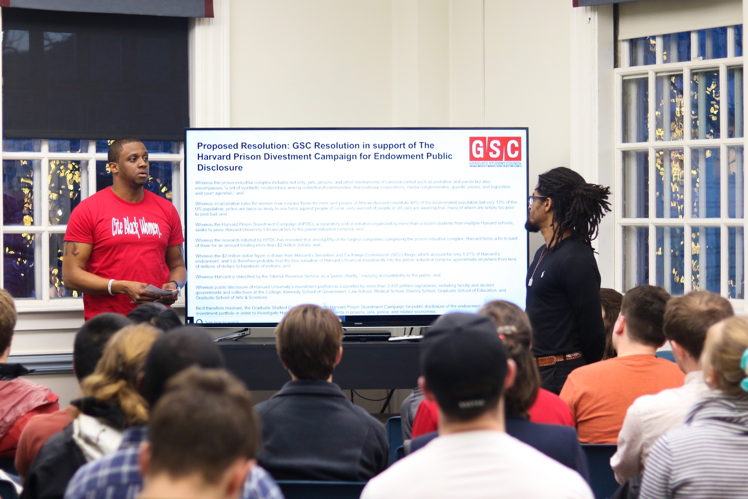 The Graduate Student Council met on Wednesday evening in Lehman Hall's Student Lounge where they voted on a resolution proposed by the Harvard Prison Divestment Campaign.