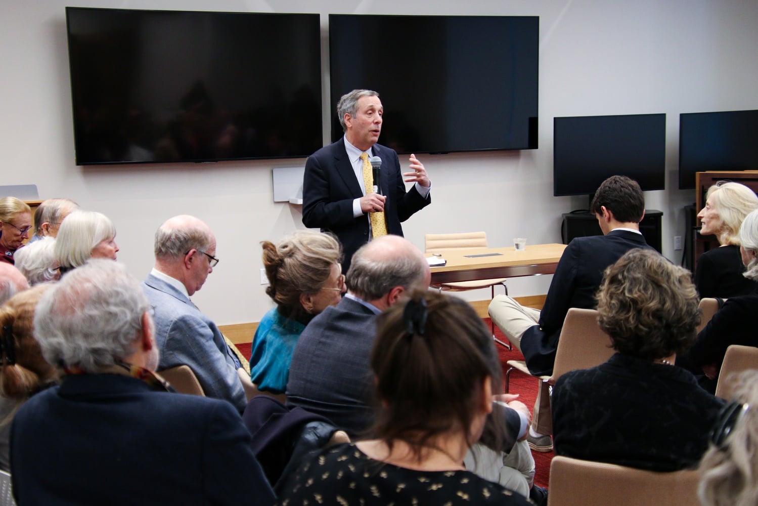 Following the protest, the Institute of Politics event was relocated to a Harvard Kennedy School classroom, where University President Lawrence S. Bacow responded to audience questions about the role of higher education in creating economic opportunity.