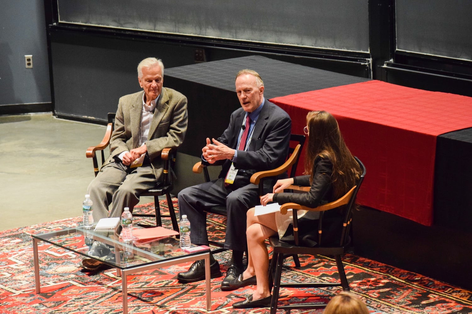 Dean of Admissions and Financial Aid William R. Fitzsimmons '67 speaks alongside Jorge Paulo Lemann and Larissa Marahão Rocha '17 at the annual Brazil Conference on Saturday.