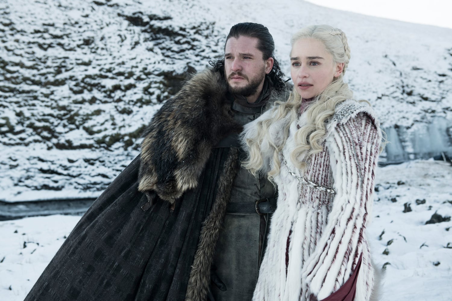 Kit Harington as Jon Snow and Emilia Clarke as Daenerys Targaryen in the latest season of "Game of Thrones."