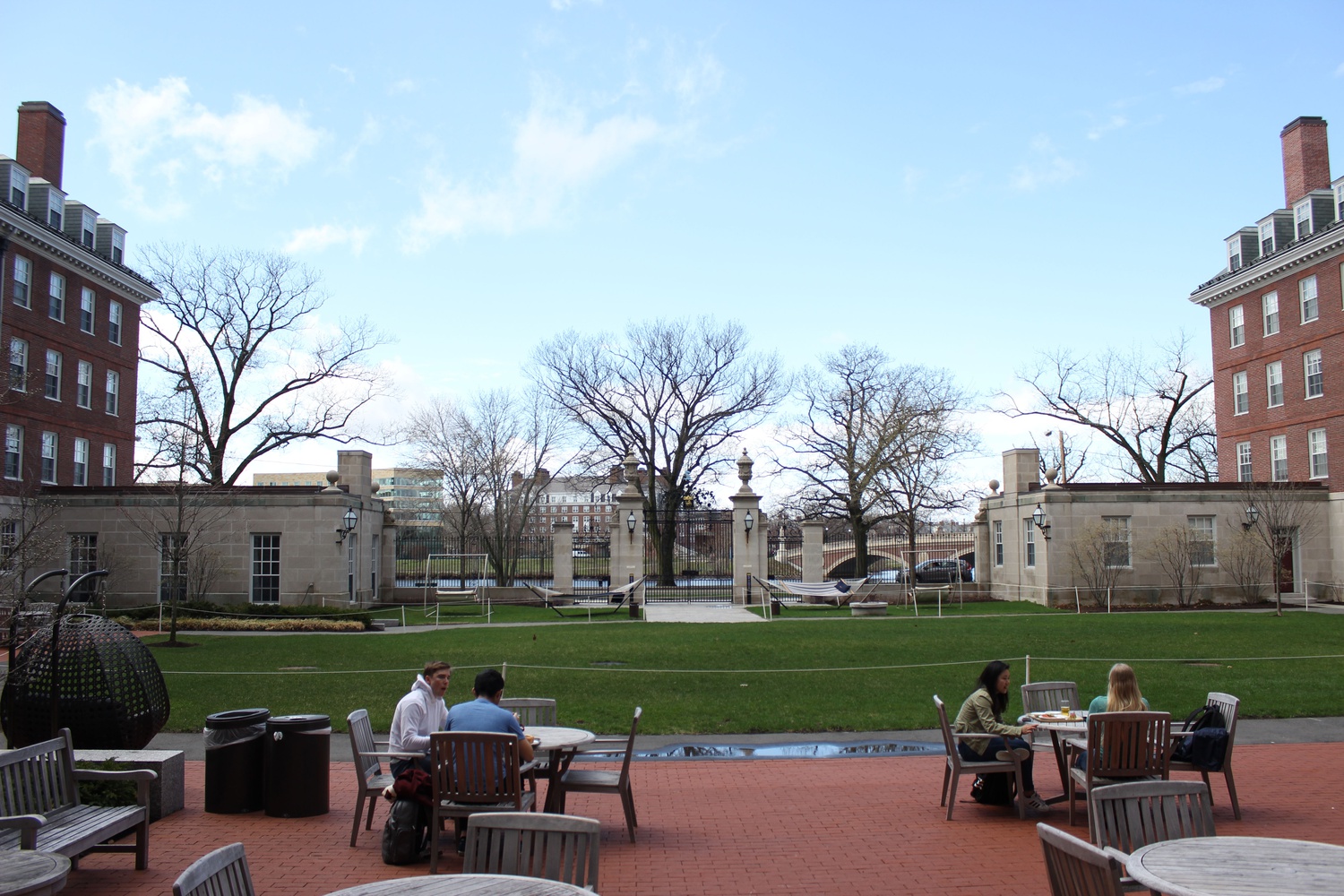 Students enjoy their lunch in Dunster Courtyard, where the annual Goat Roast is held.