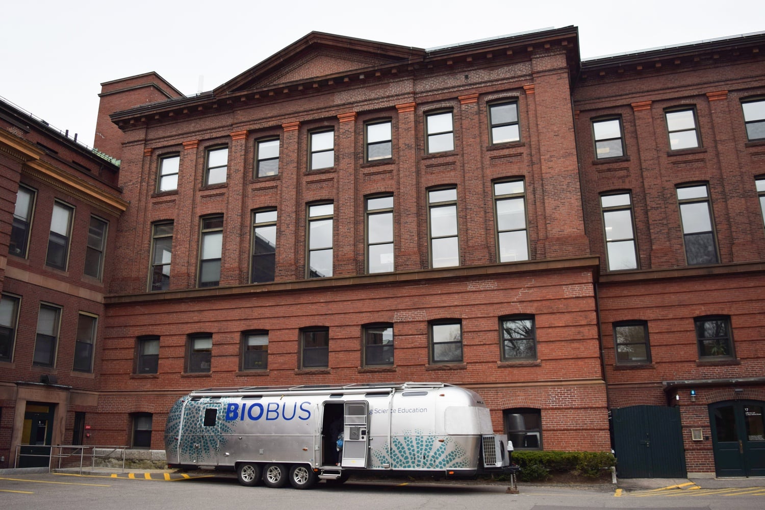 The silver, state-of-the-art airstream trailer is located outside Pierce Hall.
