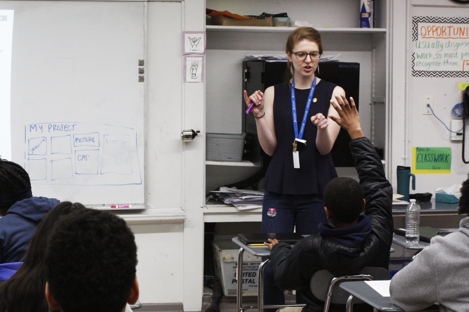 Ellie N. Bridge '17, a member of the second cohort of Harvard Teacher Fellows, teaches a 7th grade social studies class in Cambridge.