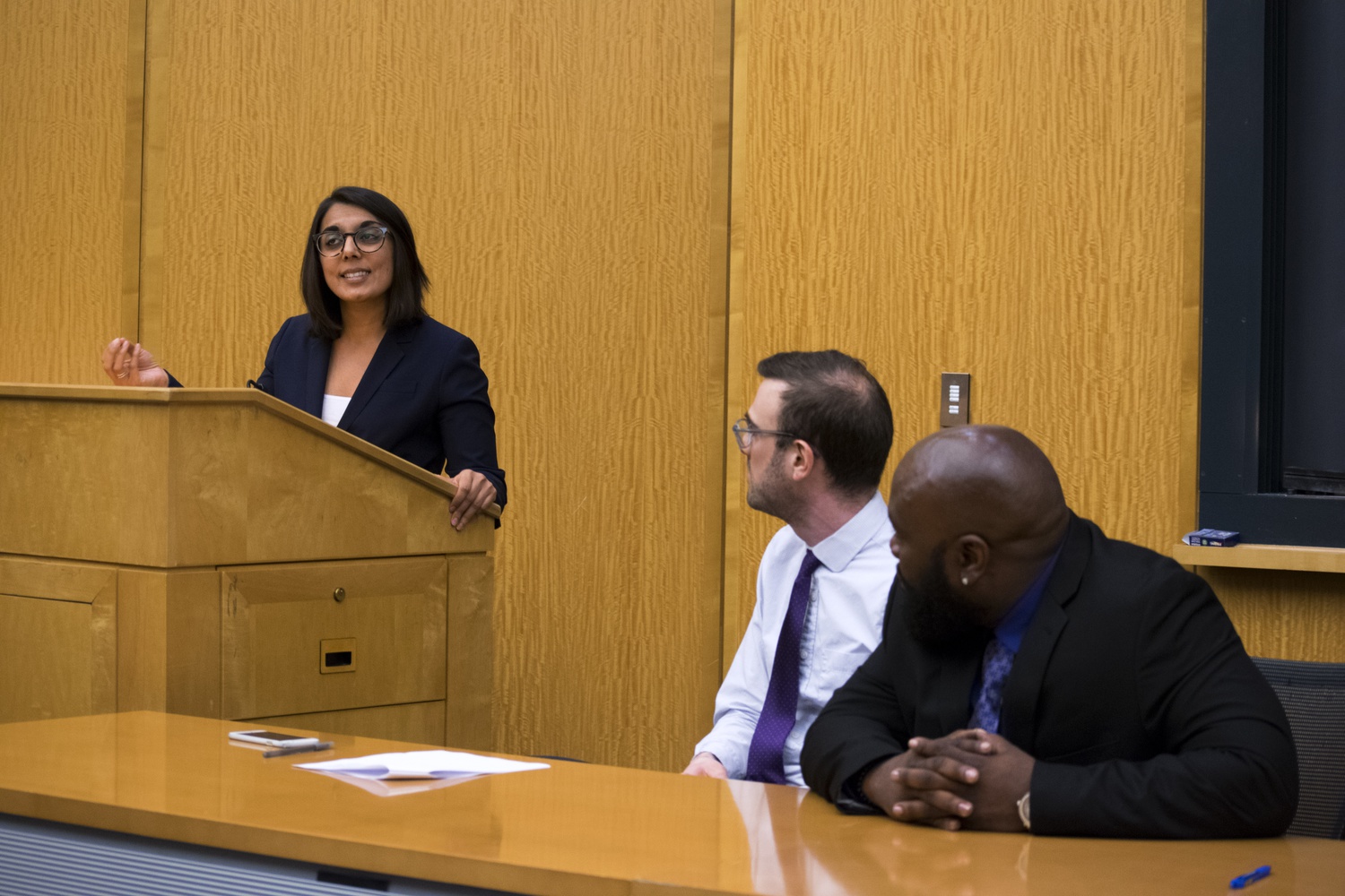 Aditi Goel, a clinical instructor at the Harvard Law School Criminal Justice Institute, spoke about combatting wrongful convictions at a panel event on Monday night.