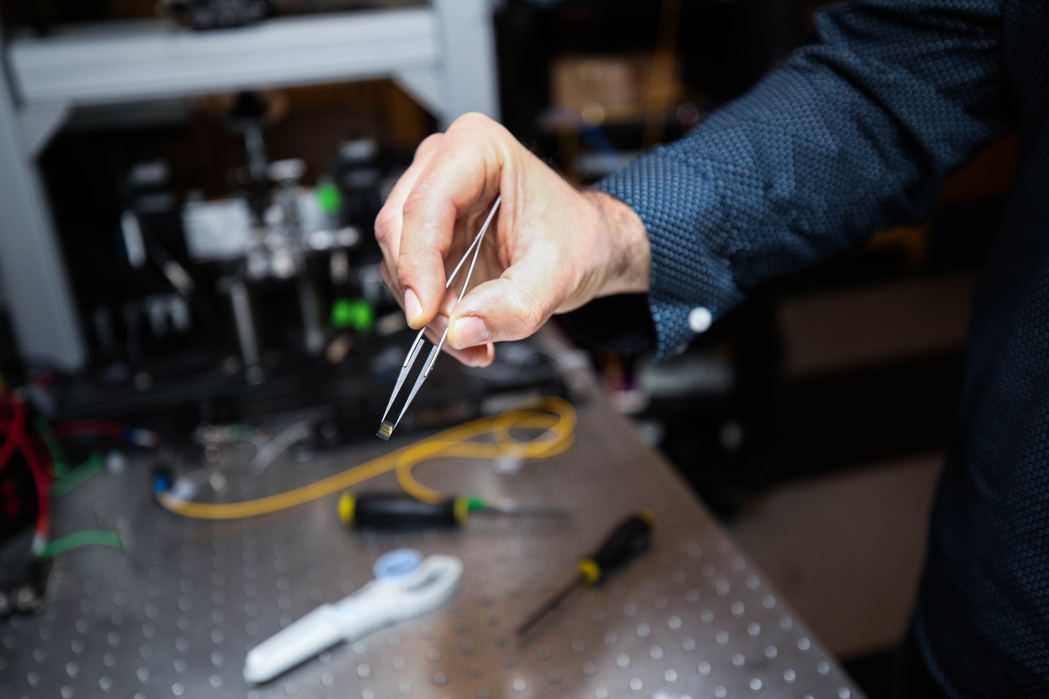 Professor Marko Loncar holds a microchip in the lab.