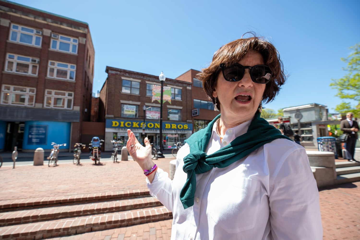 Campaigning in Cambridge, Denise Jillson explains, used to be simpler. Above, Jillson is pictured in Harvard Square in 2019.