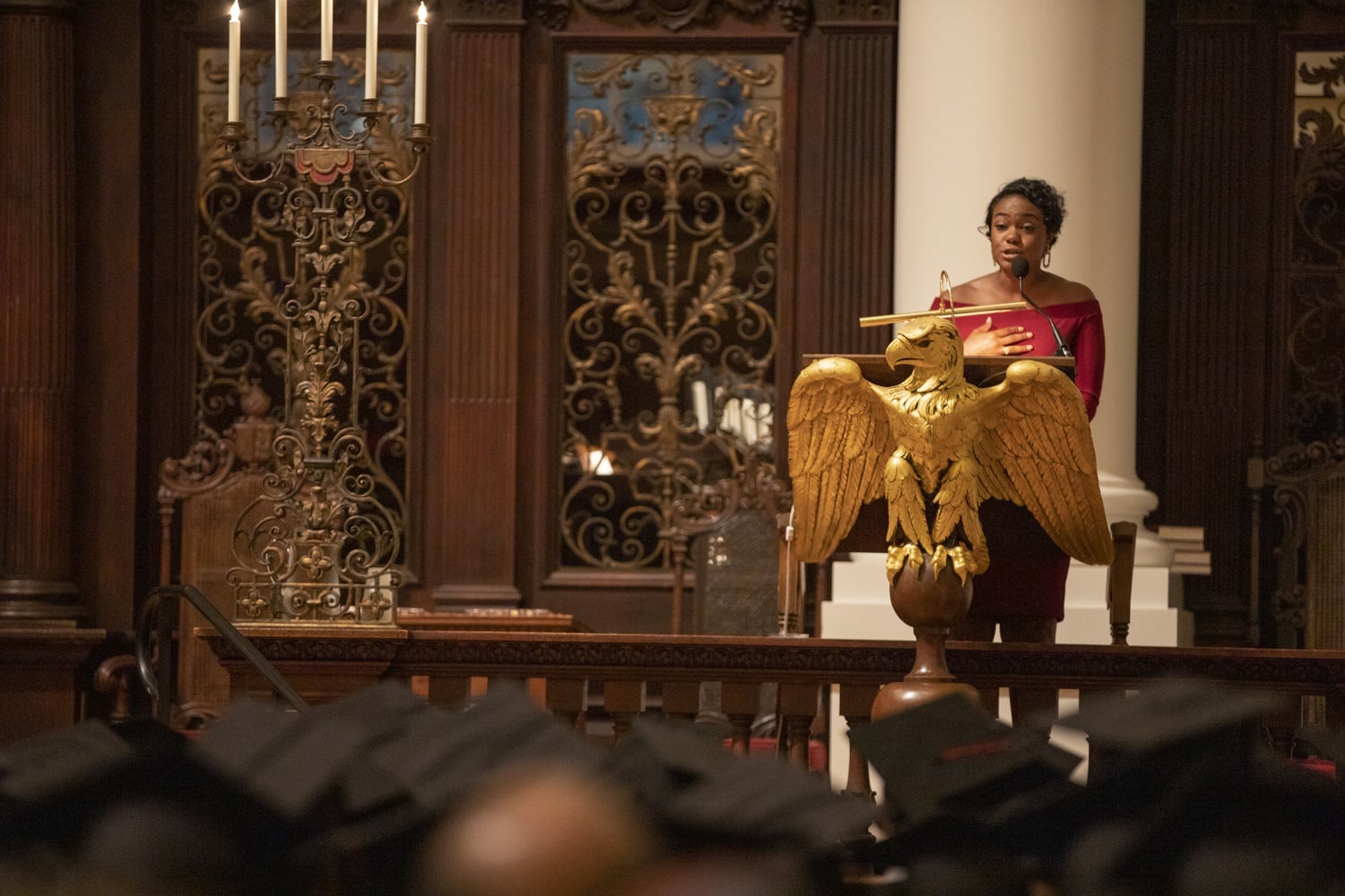 Keynote speaker, Tatyana Ali '02, spoke to students and their families in Memorial Church as part of the Black Commencement ceremony Tuesday evening.