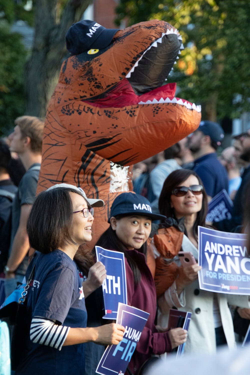 The "Yang Gang," a term coined to refer to Andrew Yang's supporters, sported "MATH" hats at the Yang rally on Monday evening.