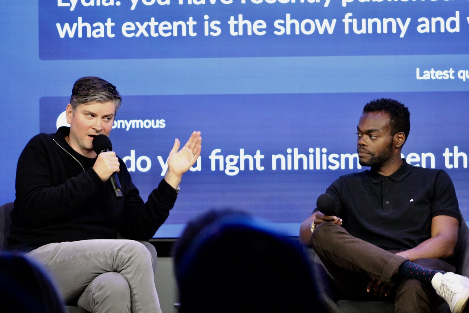 Michael H. Schur '97 and William Jackson Harper discuss "The Good Place" at WBUR CitySpace.