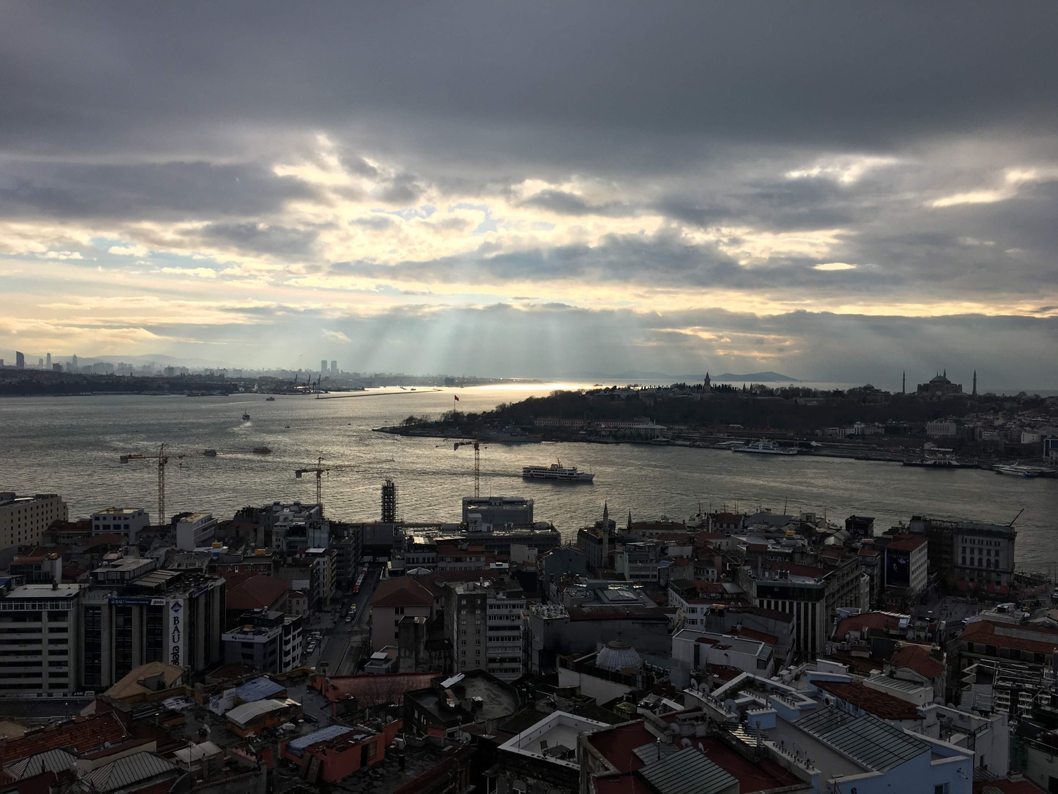 Sunlight breaking through the clouds over Istanbul, Turkey.