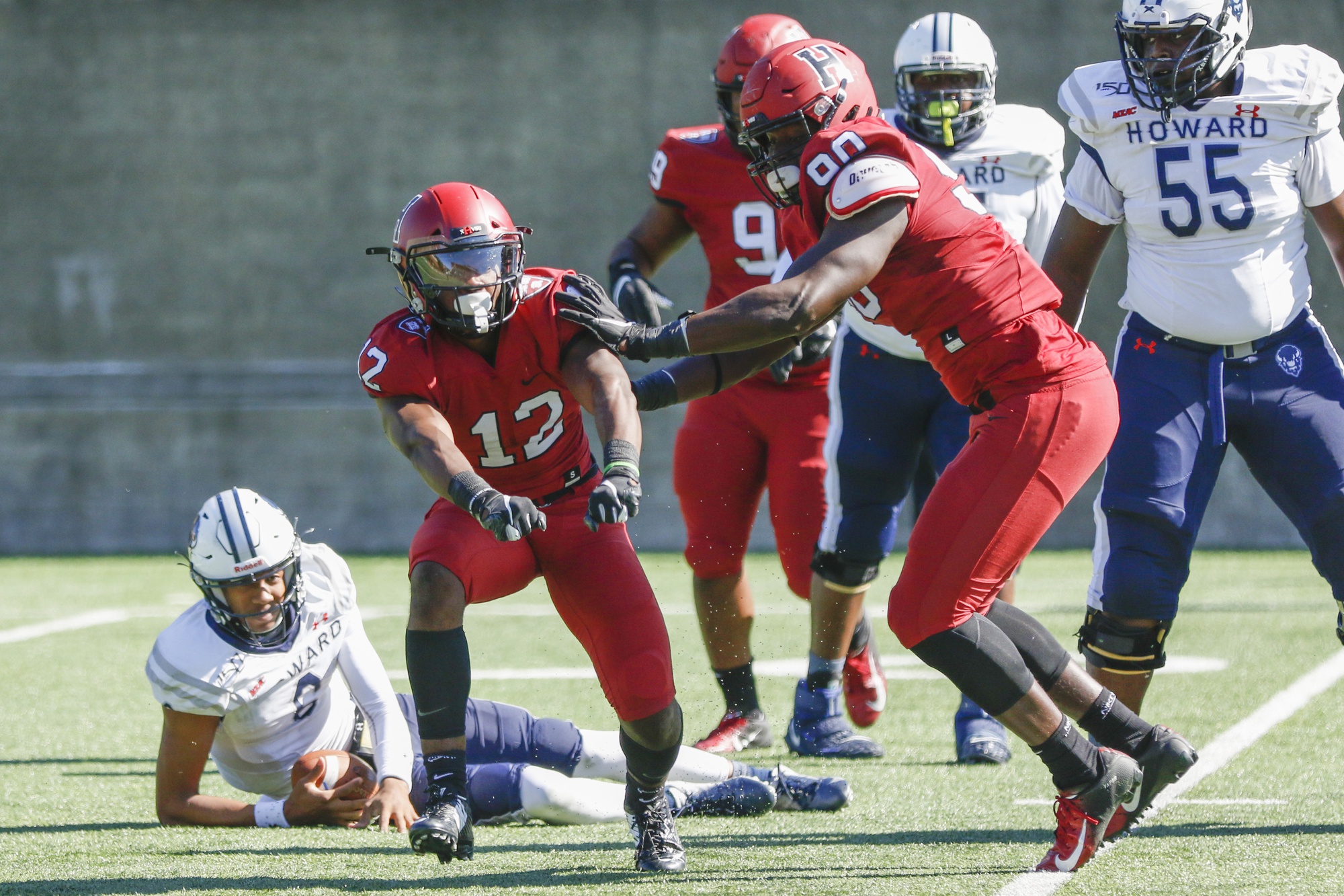 Harvard cornerback Isaiah Wingfield celebrates after a first-quarter blitz sack on Howard quarterback Quinton Williams.