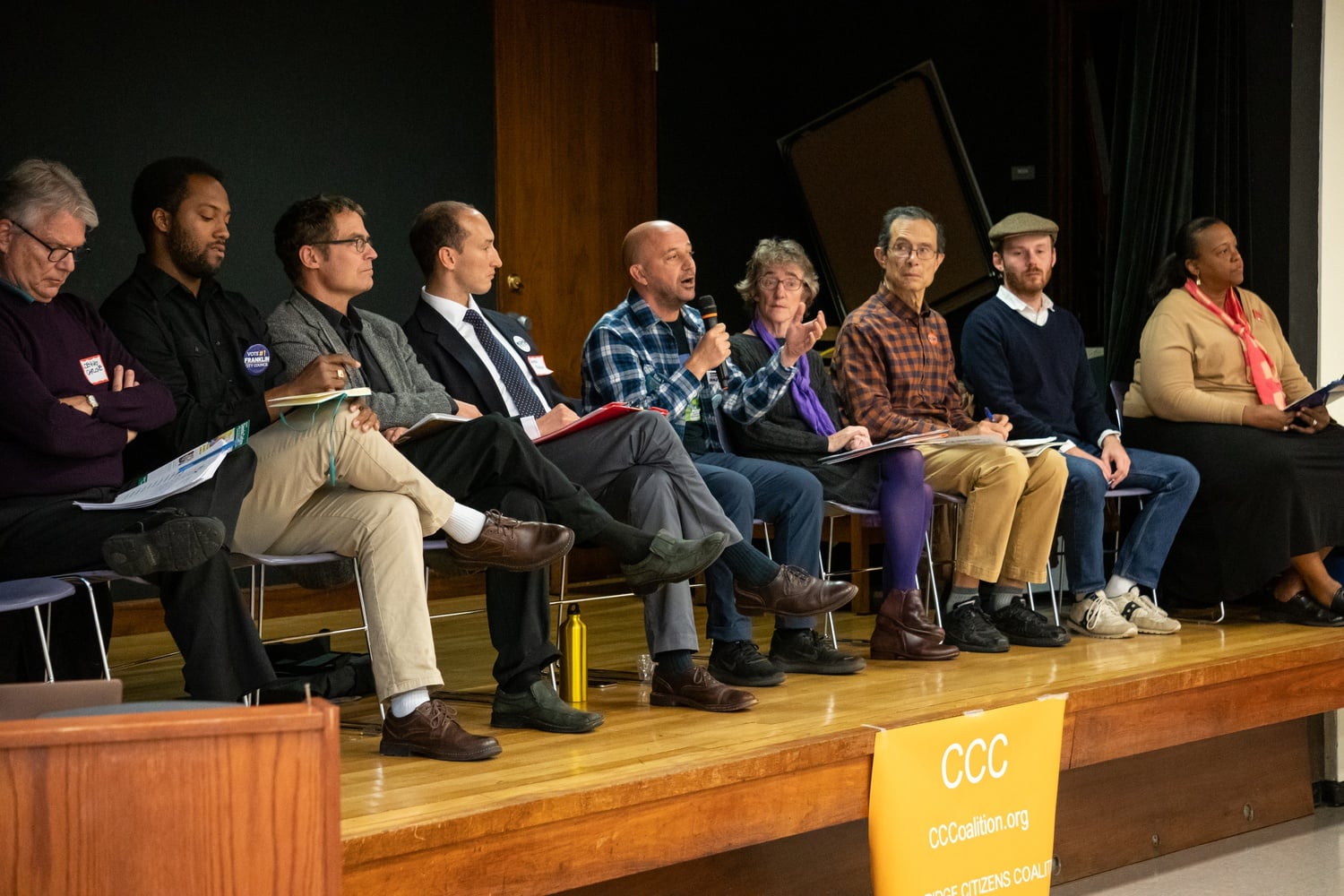 Candidates for Cambridge City Council speak at an open forum hosted by the Cambridge Citizens Coalition