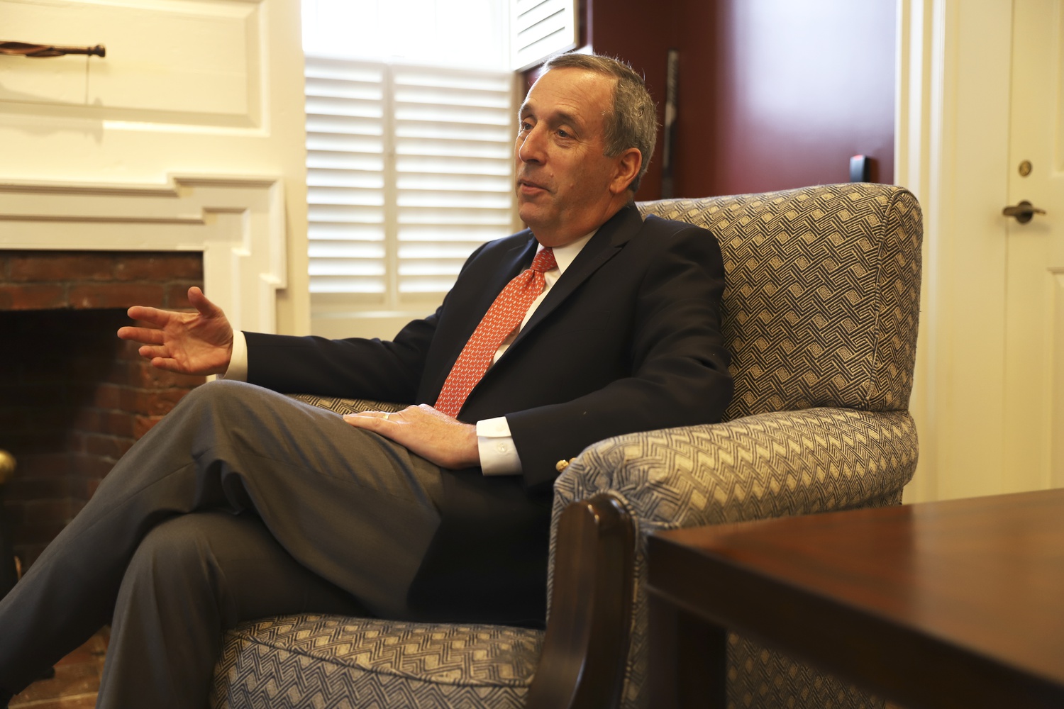 President Lawrence S. Bacow discusses a review of donations made by Jeffrey Epstein during a Monday interview.