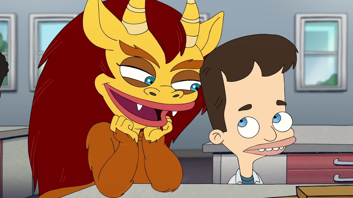 Maya Rudolph voices Connie the Hormone Monstress (left) and Nick Kroll voices Nick Birch (right) in Season 3 of “Big Mouth,” created by Nick Kroll, Andrew Goldberg, Mark Levin, and Jennifer Flackett.