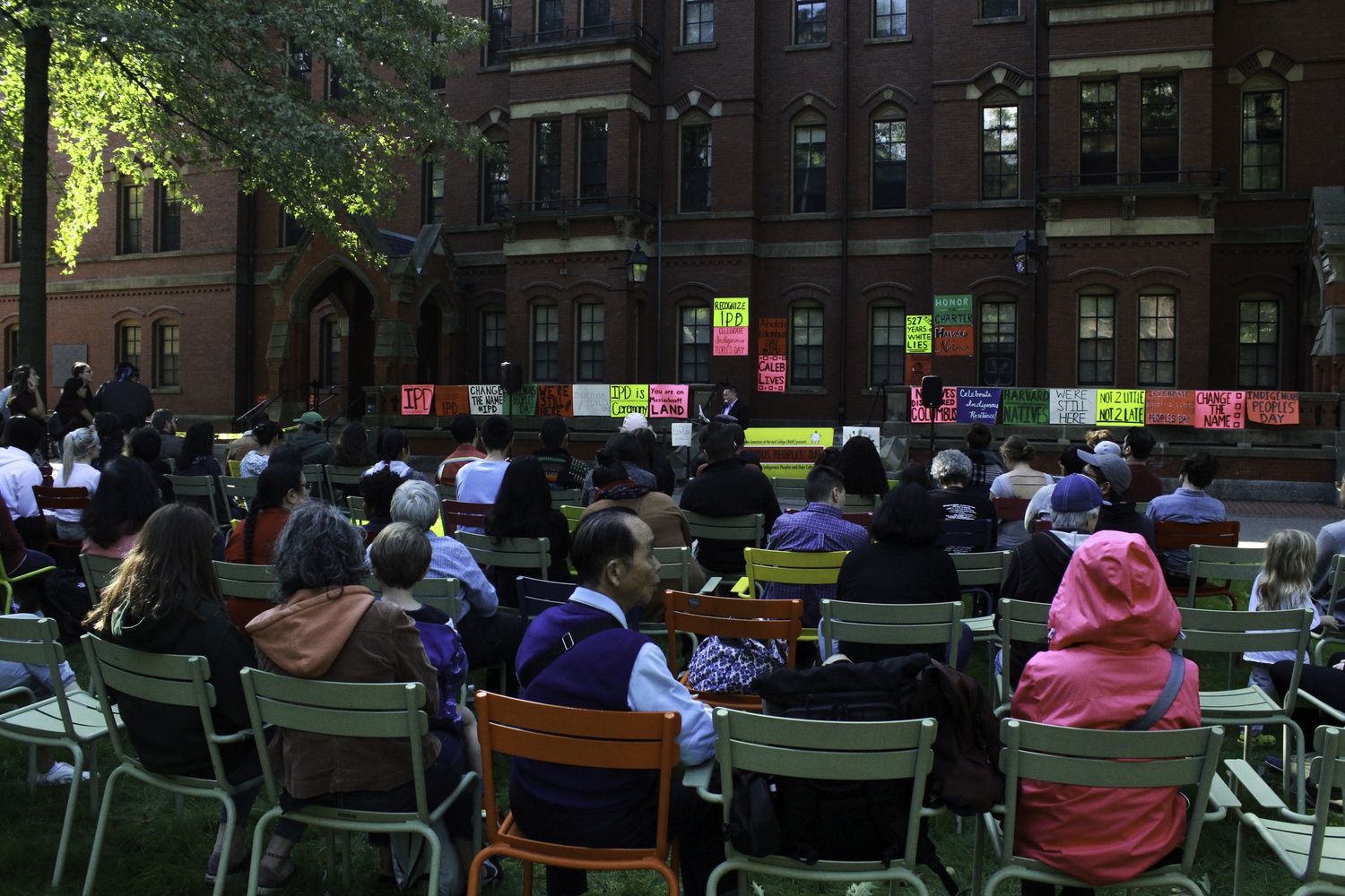 Harvard affiliates and members of the public gathered in front of Matthews Hall to celebrate Indigenous Peoples' Day in 2019.