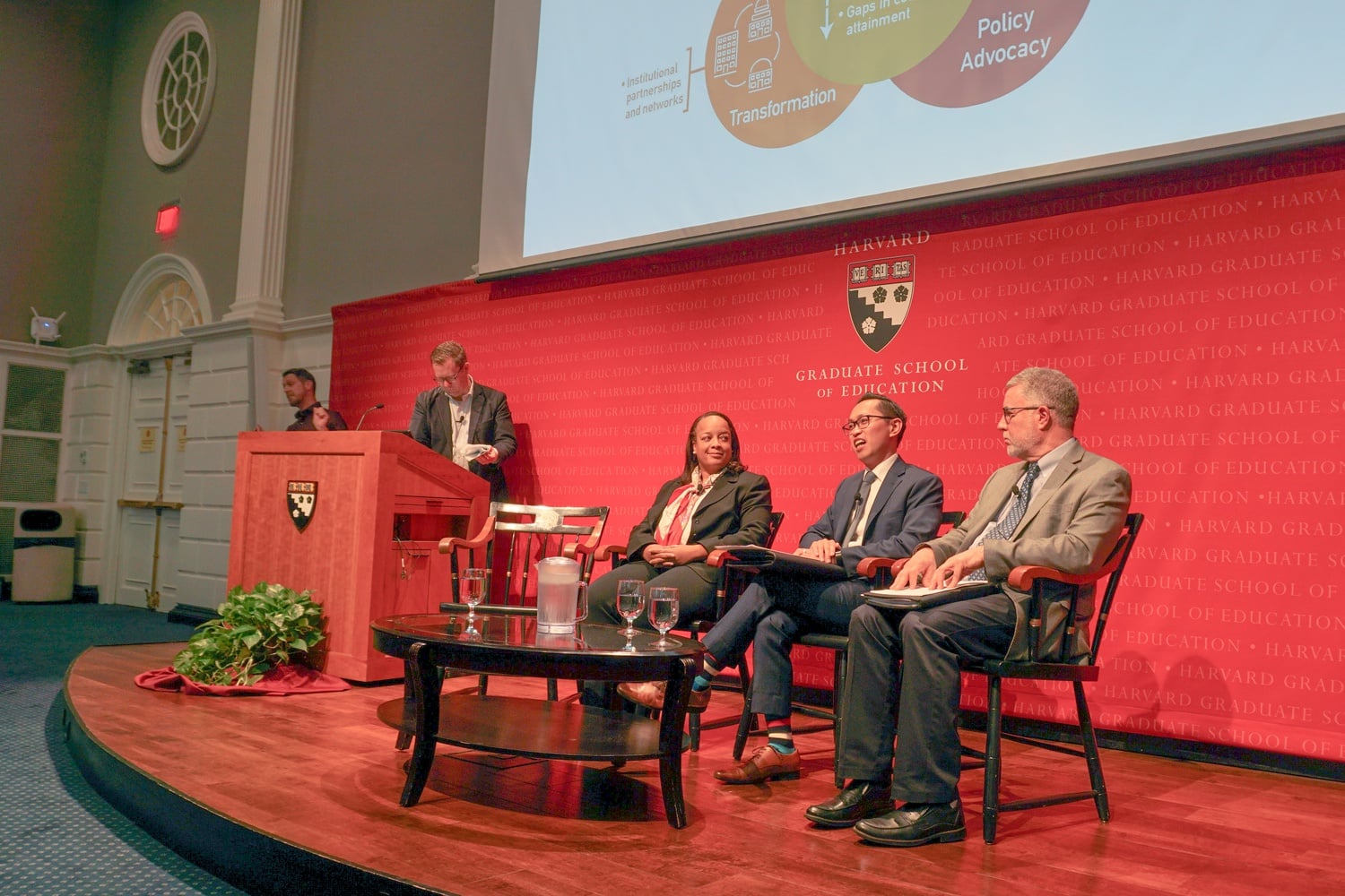 Archie Cubarrubia, Bridget Long, and James Honan, Ed.M. ’85, Ed.D. ’89 spoke at the Graduate School of Education's Leadership for Student Success event Friday evening.