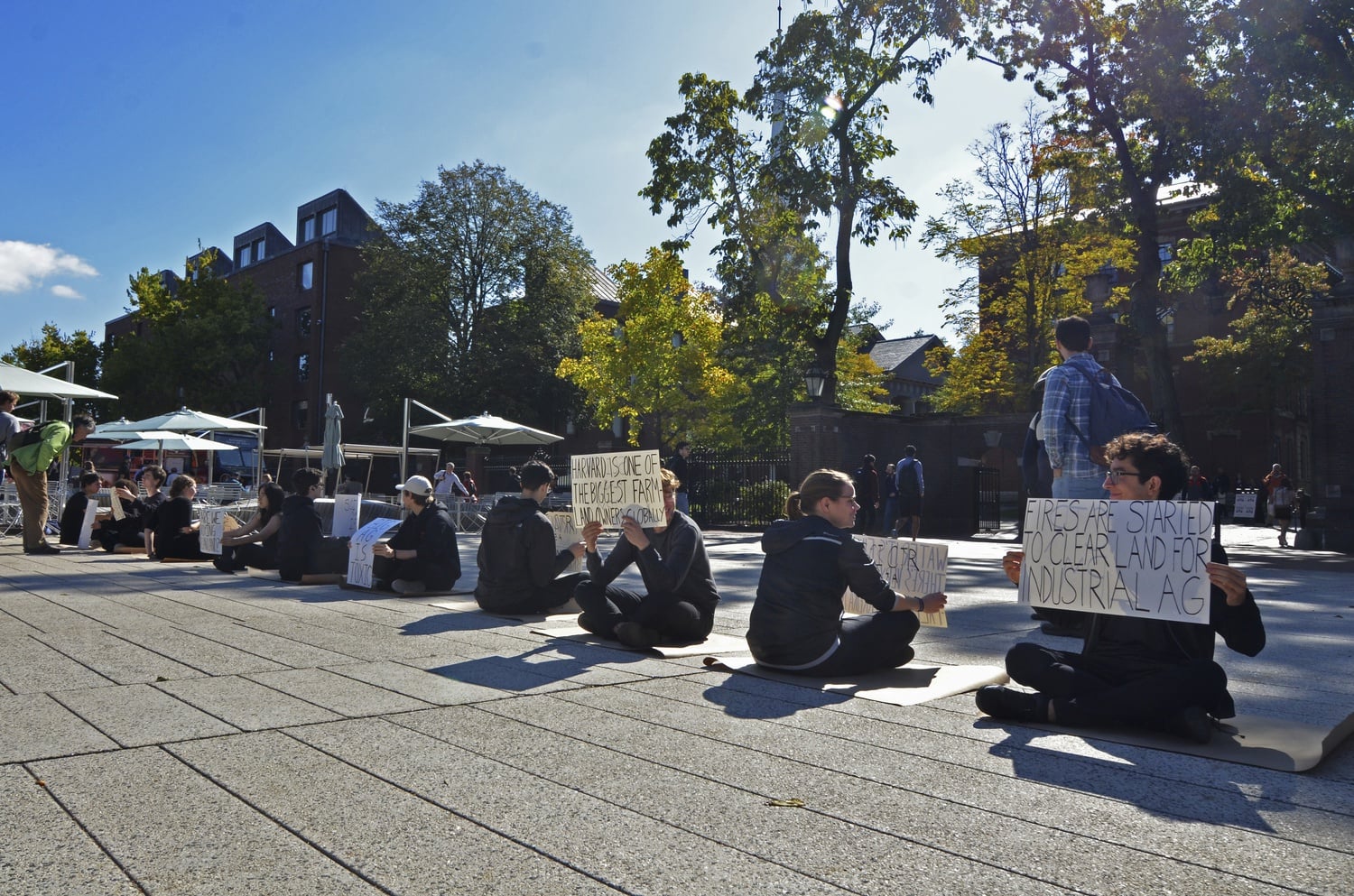 Divest Harvard students gathered in Science Center Plaza to protest the University's holdings of Brazilian land.