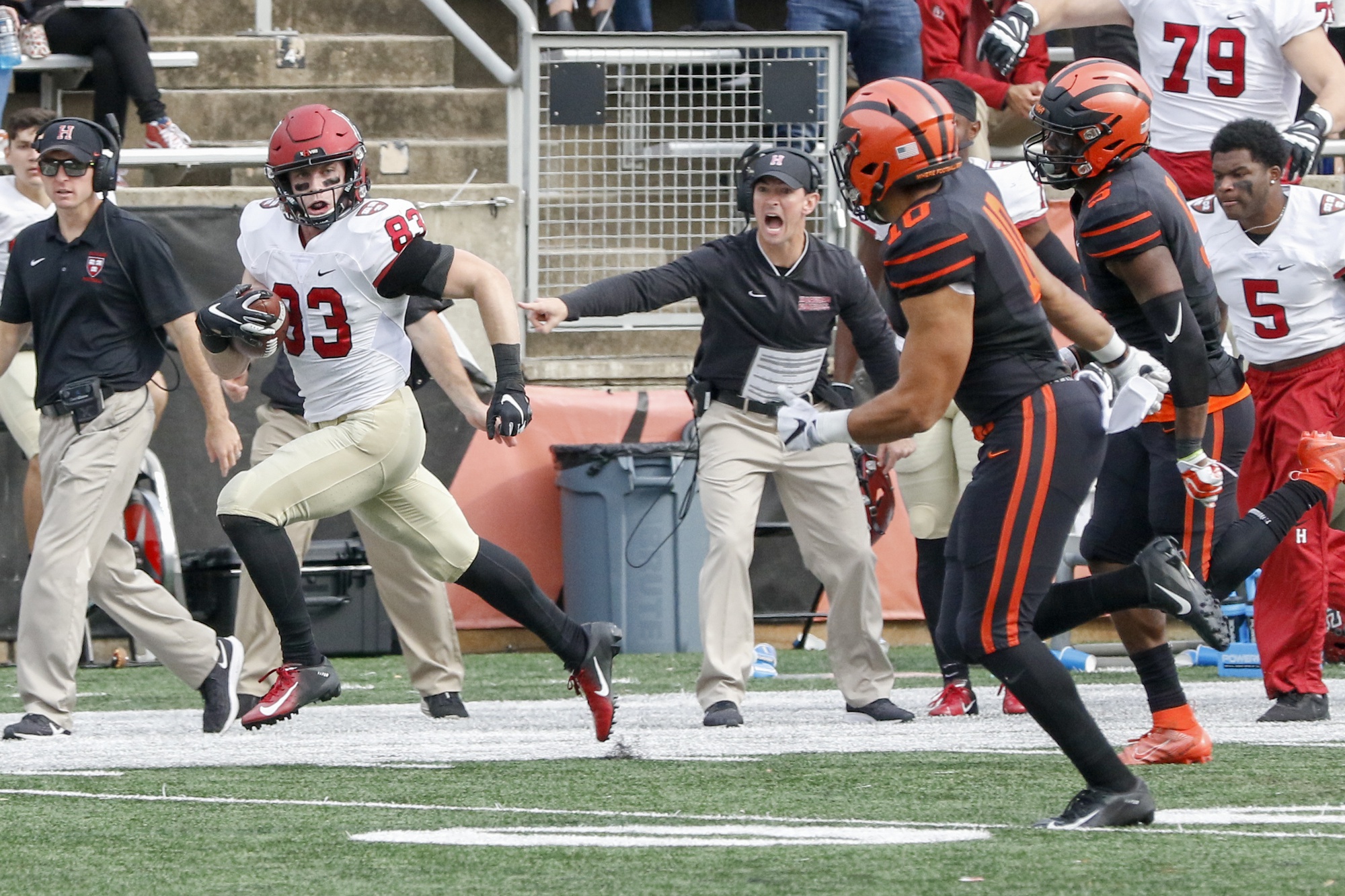Senior wide receiver Jack Cook sprints for sprints past two defensive backs en route to a 73-yard score. The touchdown put Harvard in the lead for the first time against the Tigers since 2016.