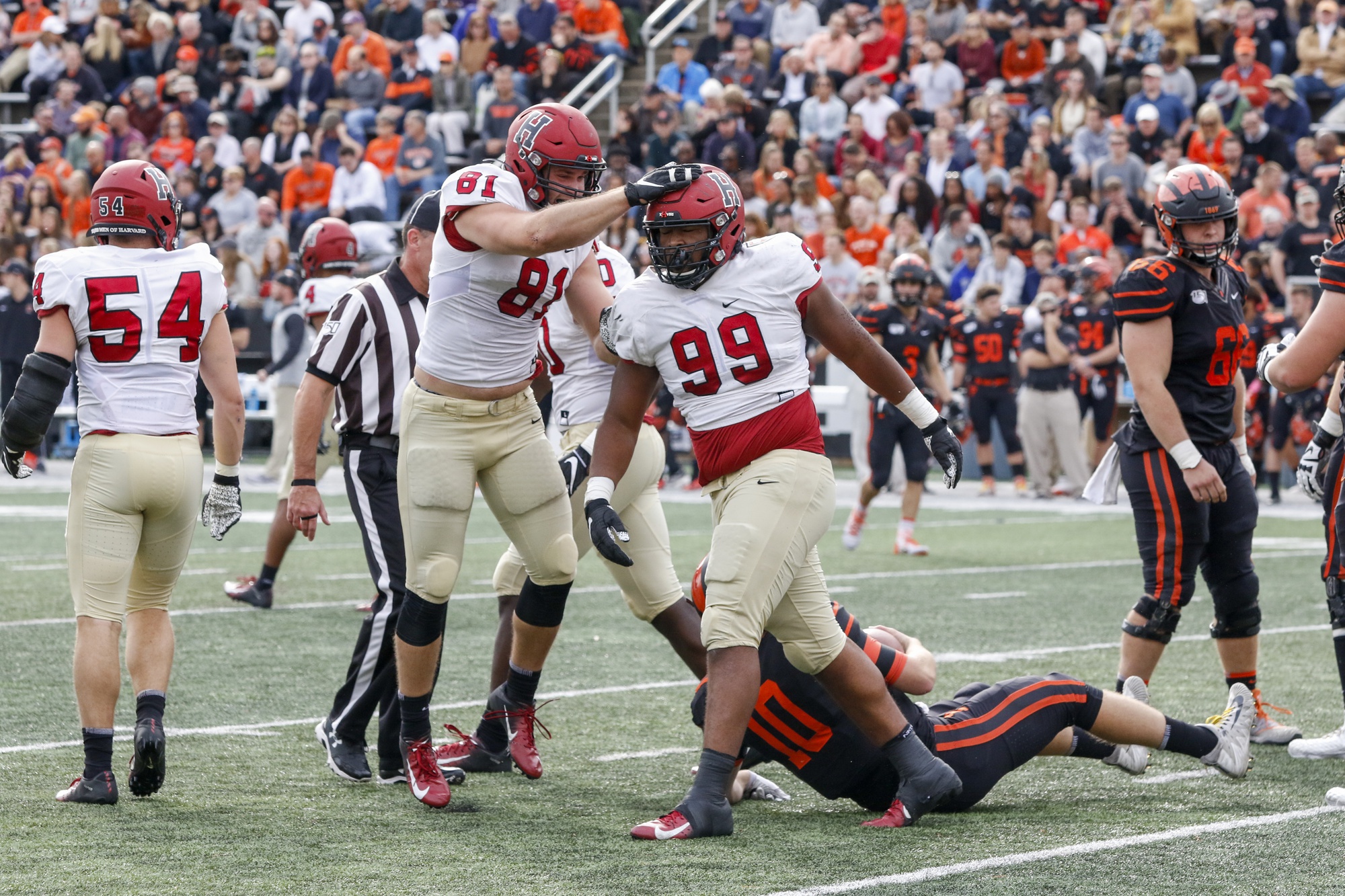 Harvard defensive lineman Jacob Sykes receives a congratulatory pat on the head from a teammate after a sack during Saturday's loss to Princeton