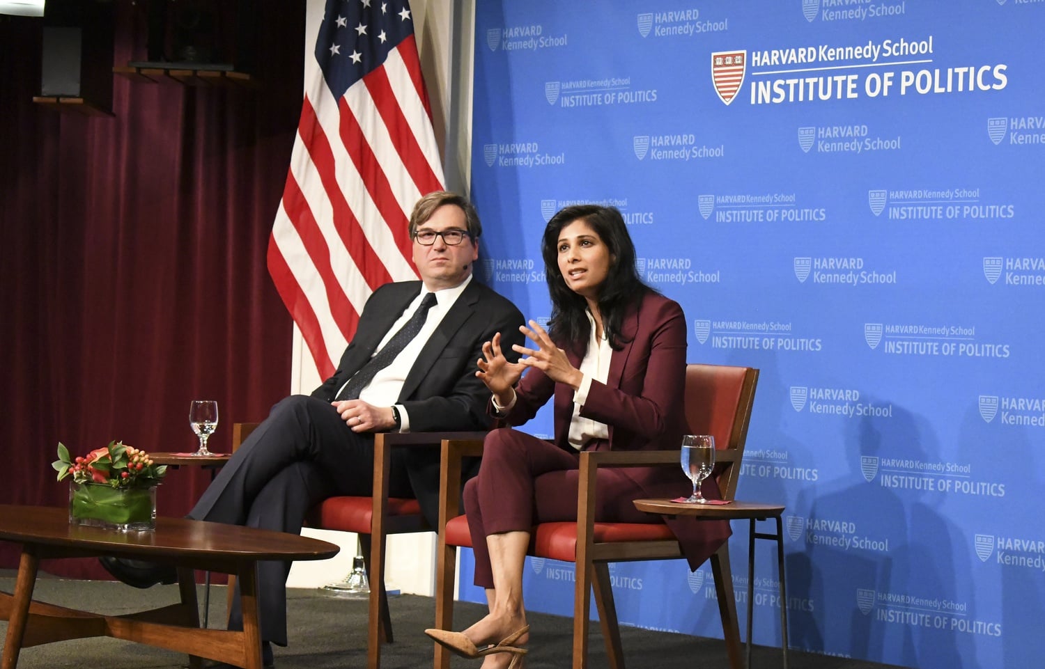 Gita Gopinath, Chief Economist for the International Monetary Fund, discusses future obstacles regarding trade in the global economy at the John F. Kennedy Forum at the Institute of Politics Tuesday night.