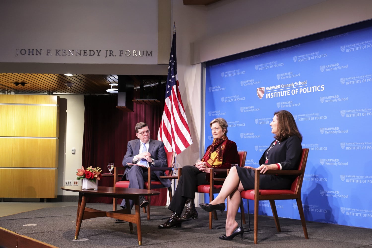 Mark D. Gearan (left), Jody Olsen (center), and Barbara Stewart (right) discuss the importance of young people having the opportunity to pursue public service at the Institute of Politics.