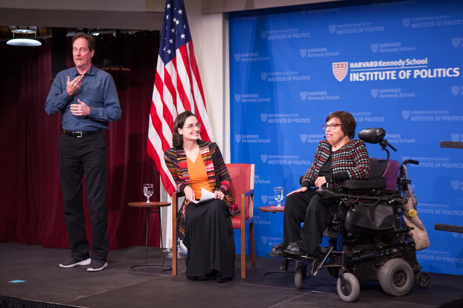 International disability rights activist Judith Heumann speaks with Professor Hannah Riley Bowles at the JFK Forum Tuesday night.