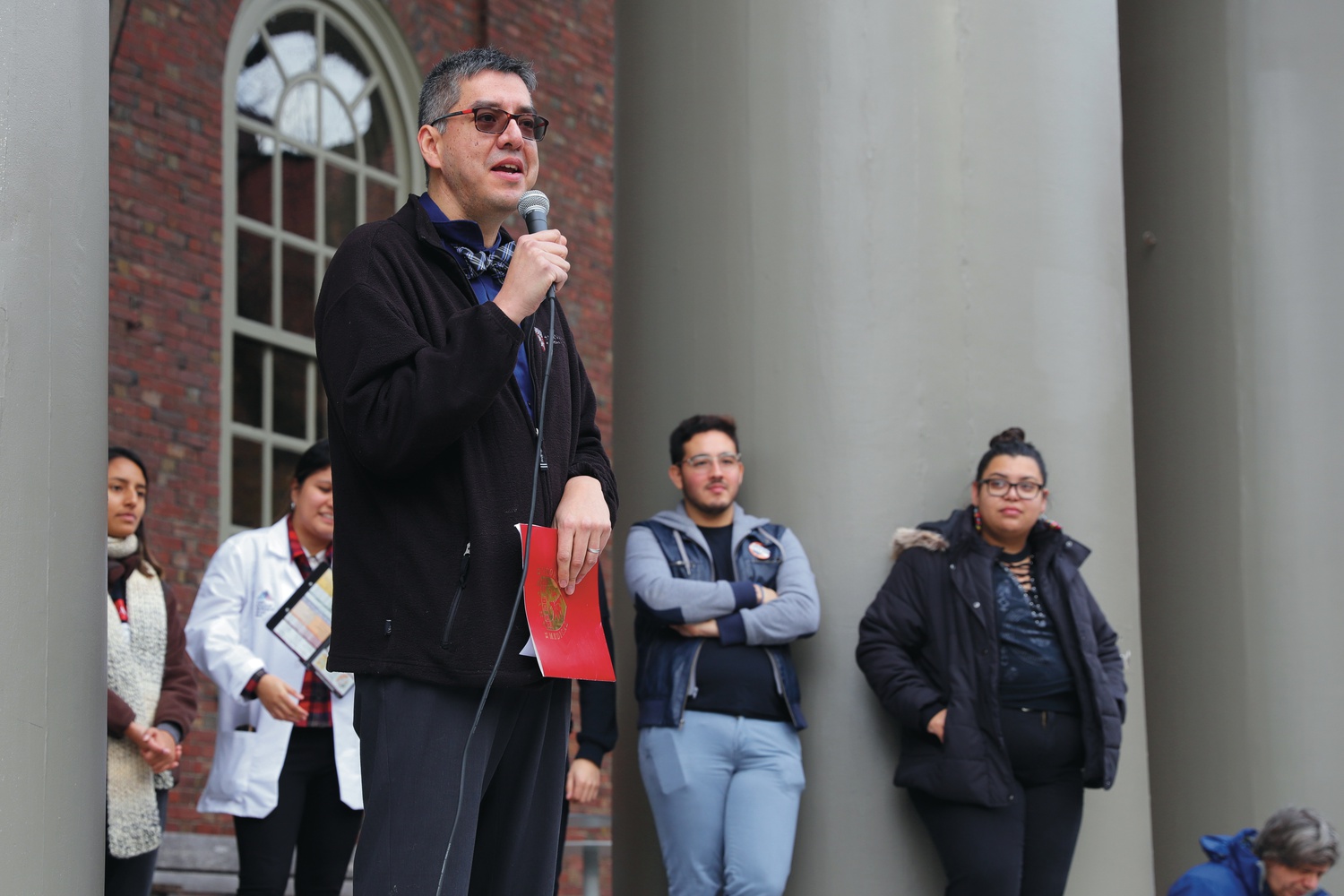 Harvard Medical School Dean for Students Fidencio Saldaña spoke about the ways Harvard Medical School supports undocumented students during a walkout in support of DACA recipients Monday afternoon at Memorial Church.