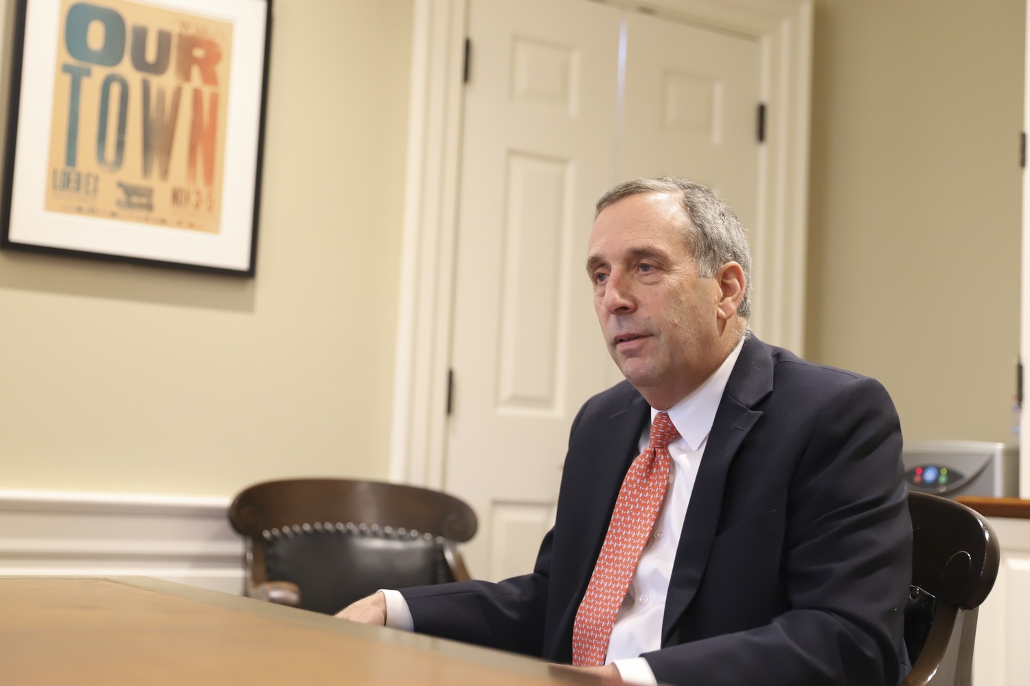 University President Lawrence S. Bacow in his office in early October.