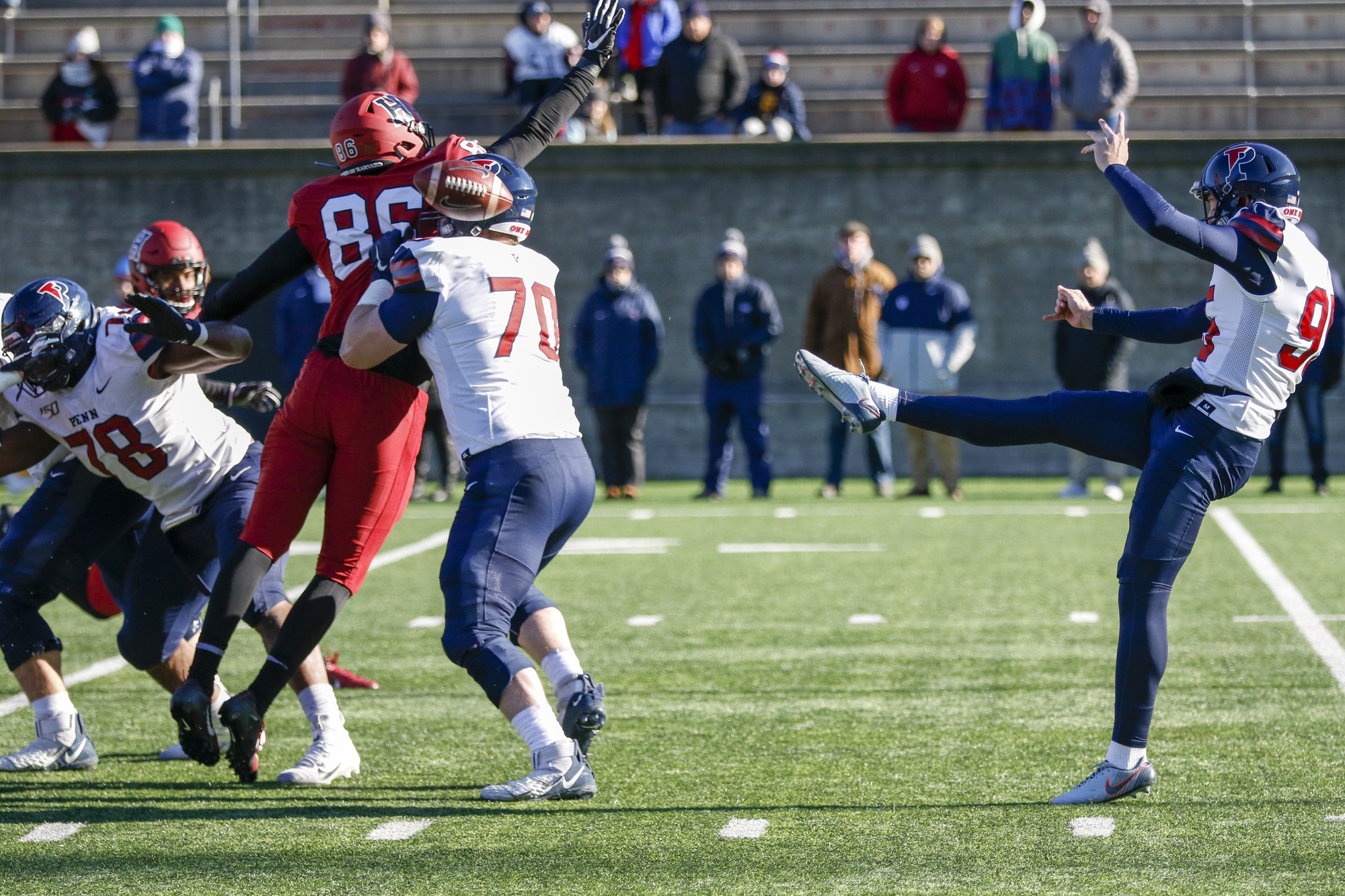Harvard added another blocked kick to its nation-leading resume as sophomore tight end Adam Shepherd broke through the line for the Crimson.