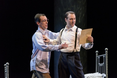Cover image for Hawkins Fuller (Jesse Blumberg, R.) teases Timothy Laughlin (Jesse Darden L.) about his letter in Boston Lyric Opera’s production of “Fellow Travelers”