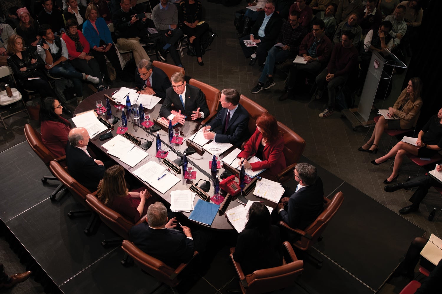 Former U.S. Secretary of Defense Ash Carter describes strategic security considerations that must be taken into account in a crisis during a national security simulation at the IOP Tuesday evening.