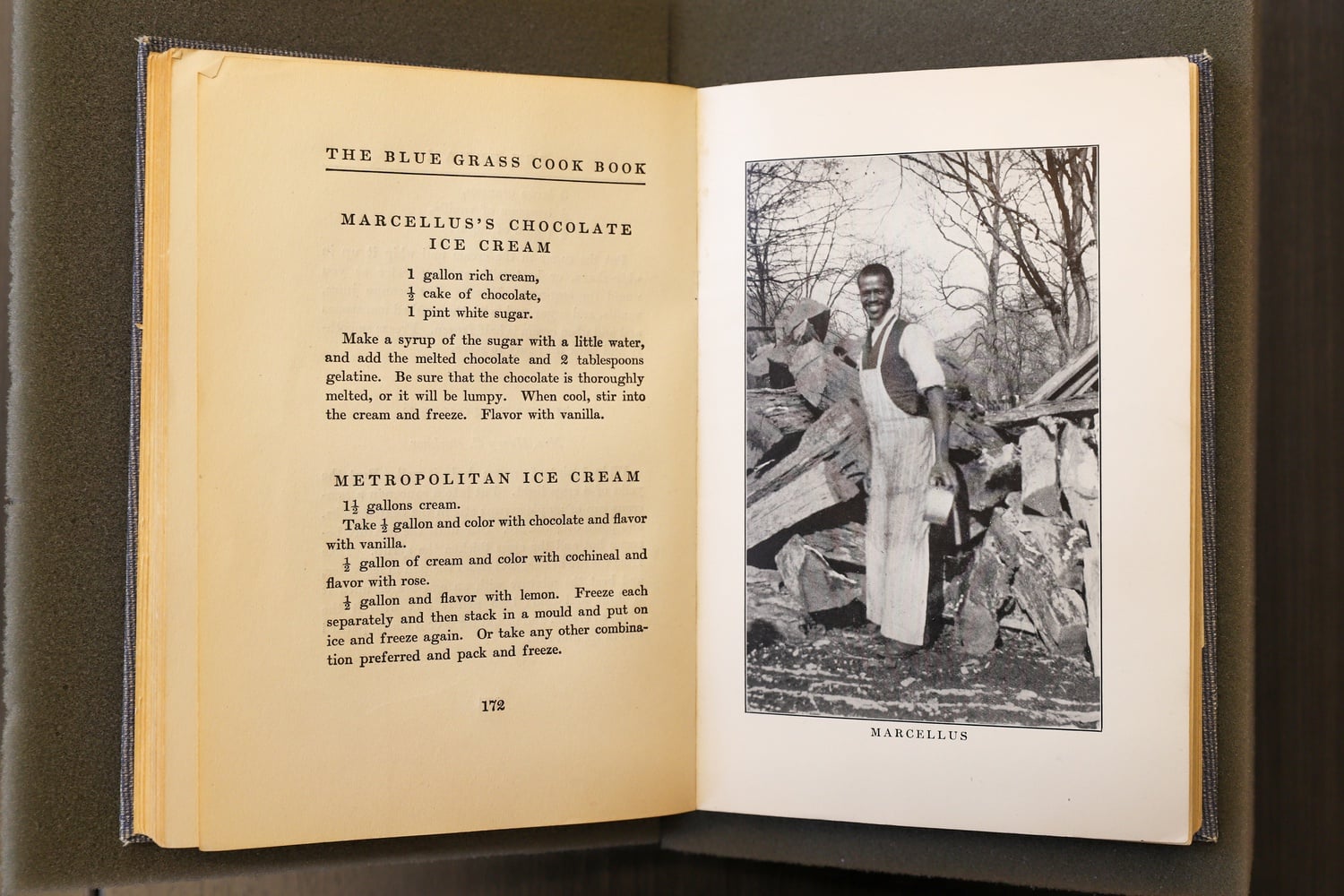 The Blue Grass Cookbook was the first book to directly acknowledge African American cooks for creating recipes that came to be known as Southern hospitality. Many of the cooks were not named even though the cookbook contains their portraits; however, Marcellus’s ice cream recipes were properly attributed.