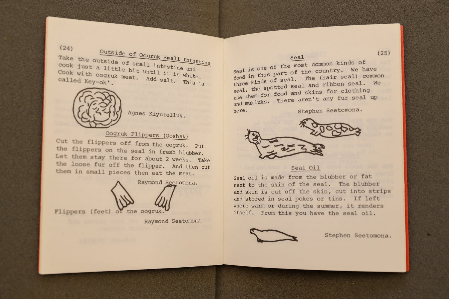 The Eskimo Cookbook was created by Inupiat of the Shishmaref Day School in Shismaref, Alaska. Students were tasked with bringing family recipes to school, where they produced this cookbook with hand-drawn images and attributions to specific students by name.