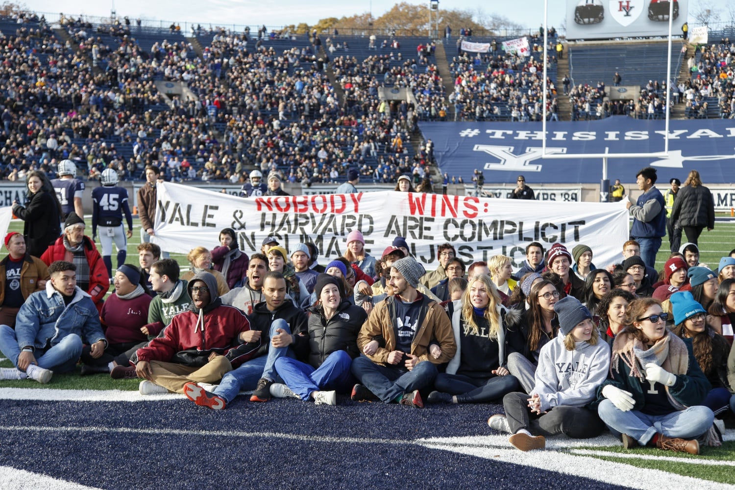 Forty-two protesters were arrested at the demonstration during the Harvard-Yale game Saturday. Hundreds of people participated in the protest, which called on Harvard and Yale to divest their endowments from fossil fuels and Puerto Rican debt.