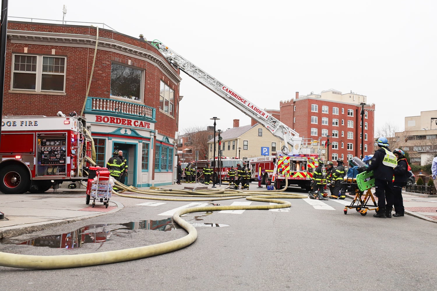 A fire broke out Sunday afternoon in the shared Border Cafe and Harvard Global Health Institute building at 32 Church St. around 1 p.m.
