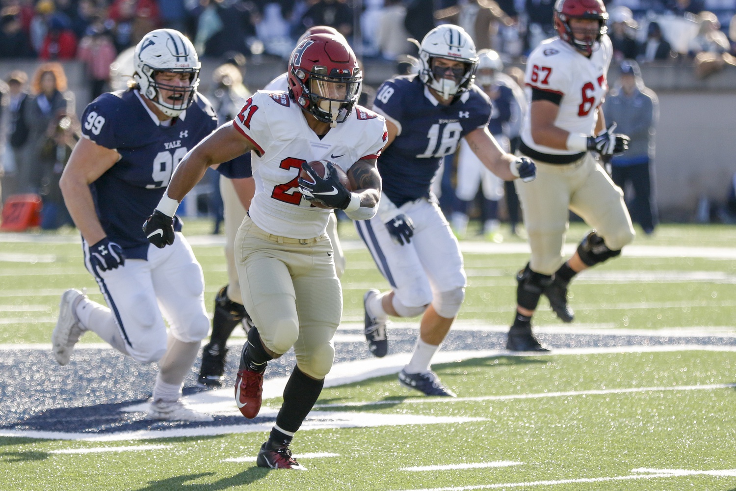 Freshman running back Aidan Borguet took his first give 47 yards for a touchdown. His touchdown here, late in the second quarter, earned Harvard as 12-point lead heading into the locker room.