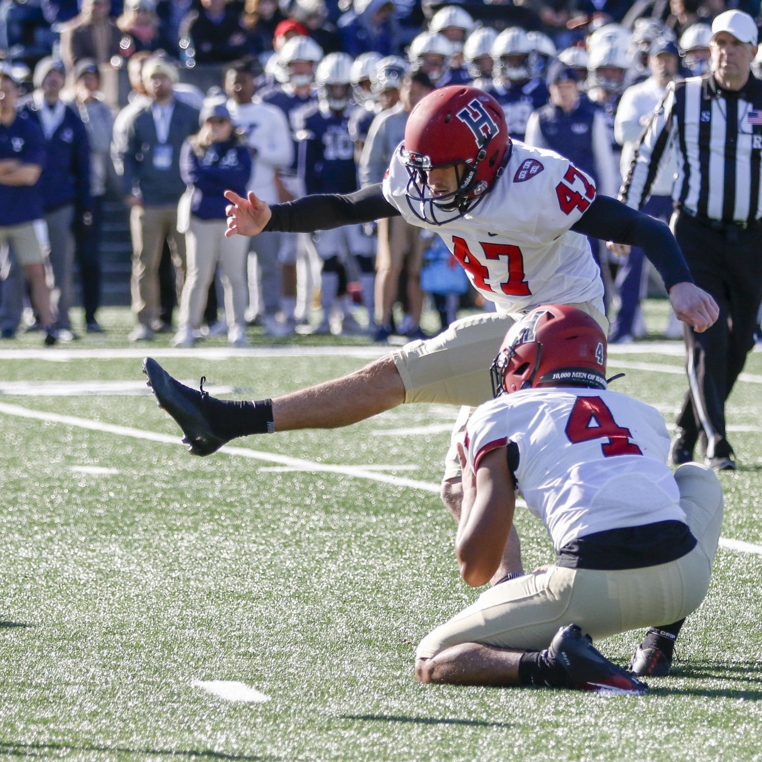 Senior kicker Jake McIntyre boots a 28-yard field goal early in the first quarter to equalize the score at three apiece. The senior finished his career at Harvard with 39 career field goals, a school record.