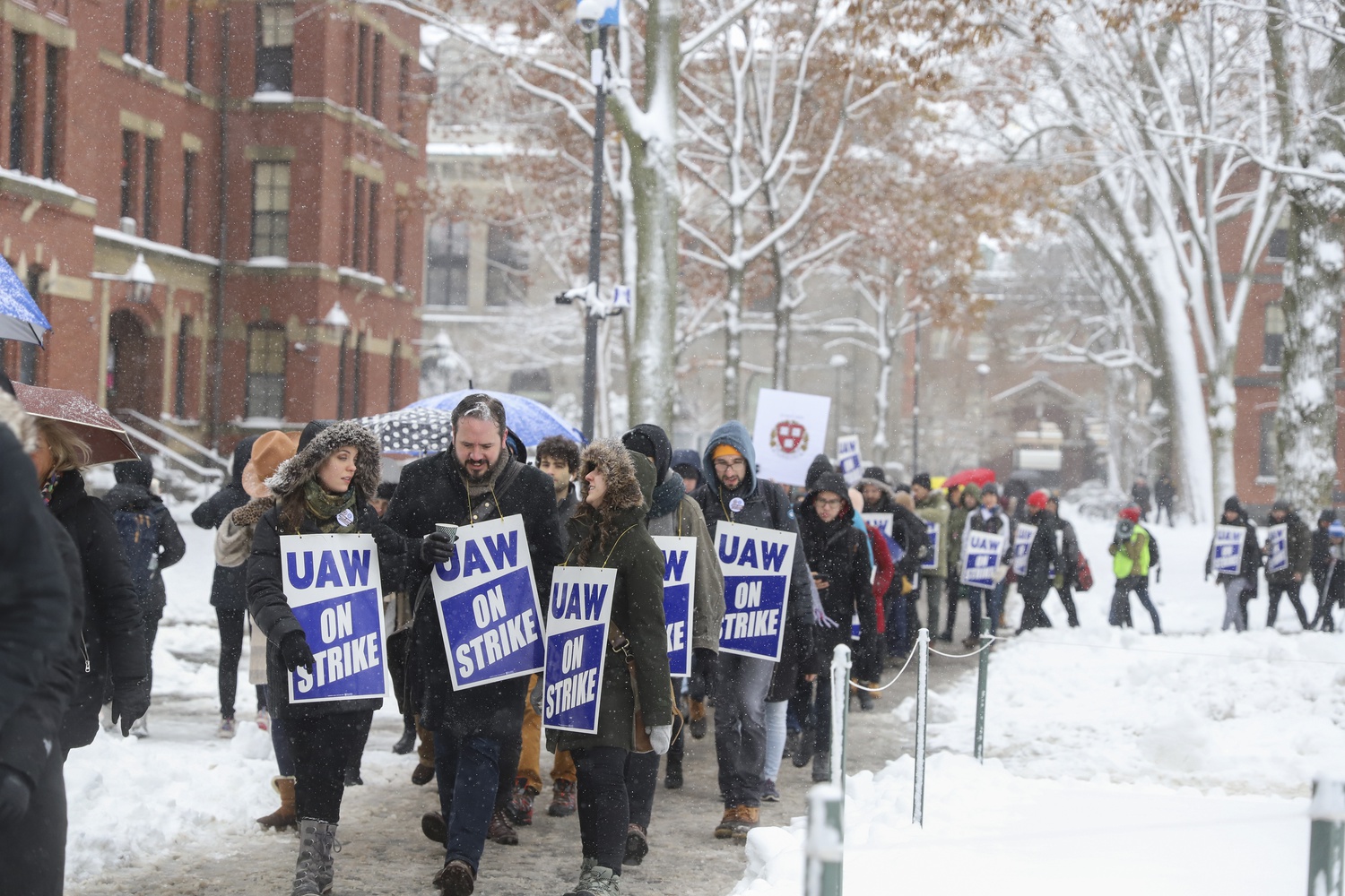 Graduate students brave the snowfall and freezing temperatures as they march through the Yard on Tuesday morning. The first day of the strike began with a walkout at 10:30 a.m., and the protestors numbered in the hundreds at their peak.