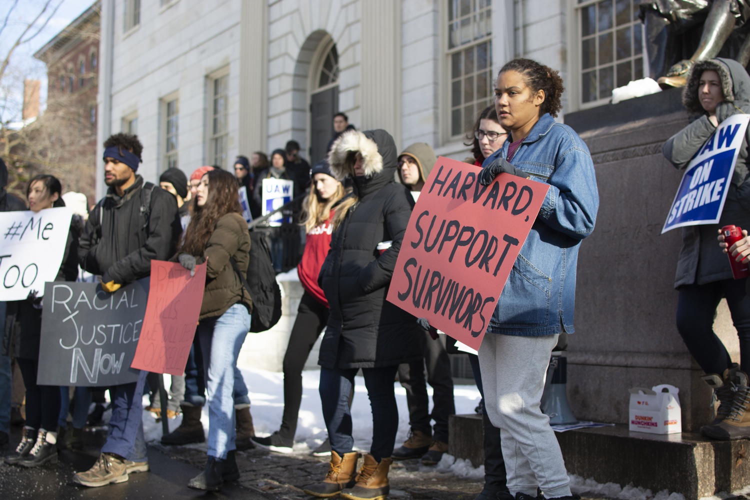 The grad union also held a Time's Up rally Thursday, with protesters calling on Harvard to support affiliates who have experienced sexual harassment or assault.