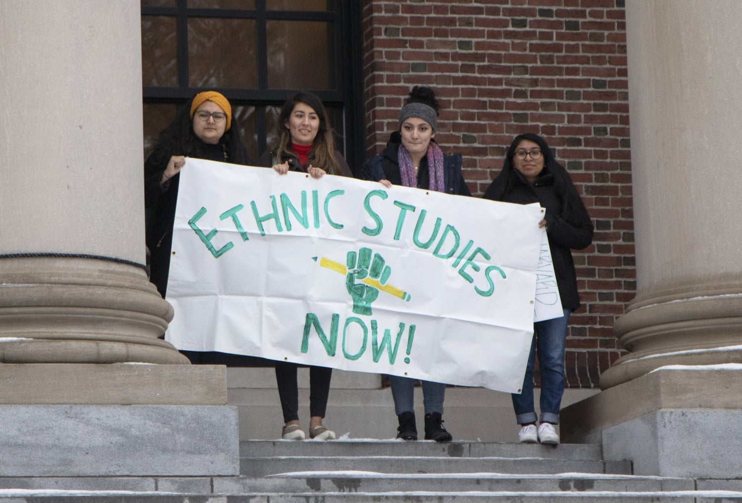 Students hold an Ethnic Studies sign outside Widener Library during a rally on Friday.