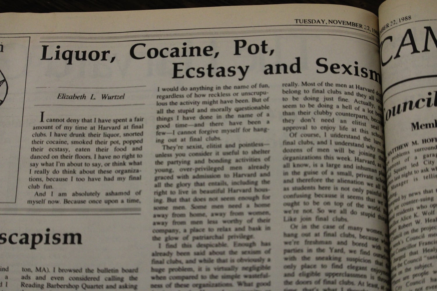 Elizabeth L. Wurtzel '89 wrote several columns in The Crimson, including a rebuke of final clubs published in Nov. 1988.