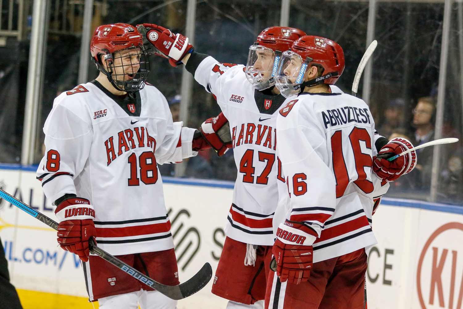 Harvard's top forward line led the way on Saturday, combining for four goals and four assists in the 7-0 blowout of the Bulldogs.