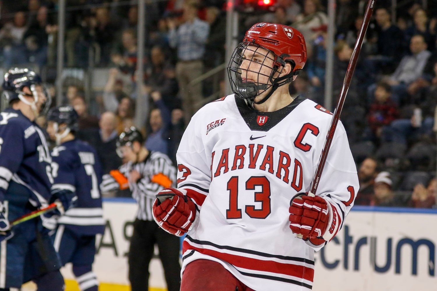 Captain Nathan Krusko potted his second goal of the season 93 seconds into the middle stanza — the first of six cushion goals for the Crimson.